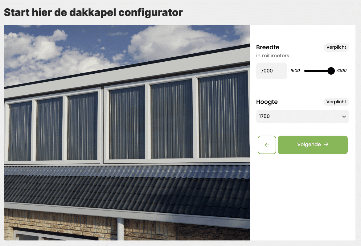 Dakkapel configurator, met een dubbele dakkapel met plat dak, voorzien van grote glazen ramen en witte kozijnen.
